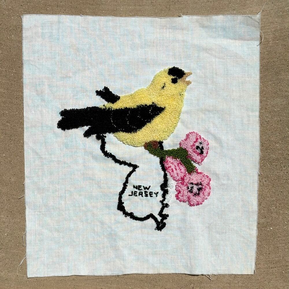 Vtg Hand Embroidered Crewel New Jersey State Bird Goldfinch Unframed Art
